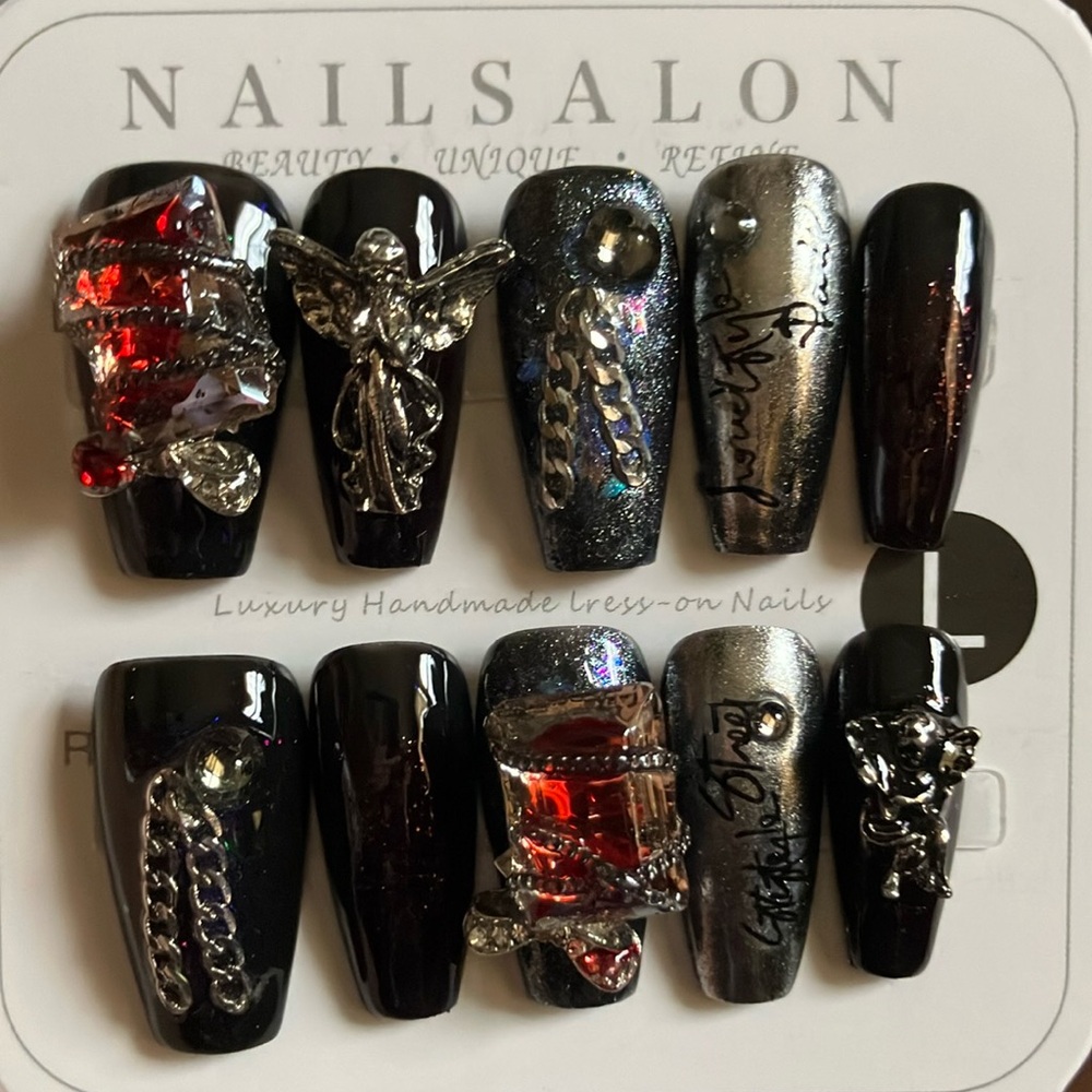 Black and Silver Press-On Nails with Red Accents - Picture 1 of 1